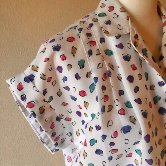 VTG 80s Cabrais White Button Down Blouse Short Sleeve Colorful Abstract S / M - Picture 2 of 7